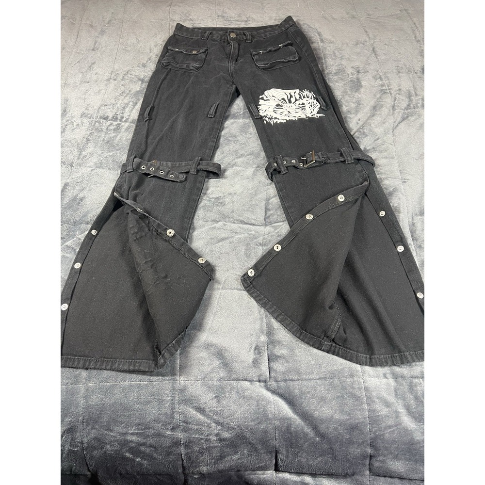 SLP Jeans Womens Black Dark Street Print Gothic Punk‎ Metal Distressed Pant Sz M - Picture 4 of 15